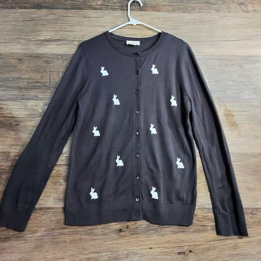 LOFT Dark Gray Cardigan with White Bunny Embroidery